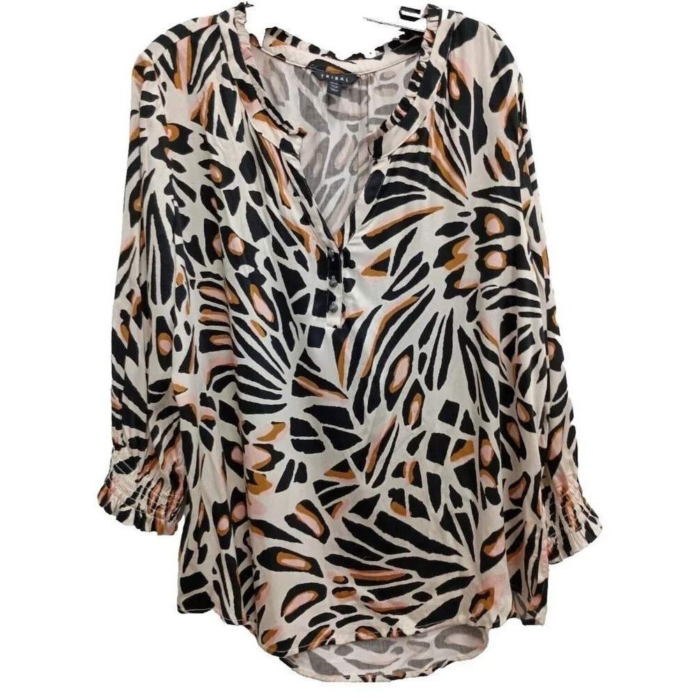 Tribal BOHO Blouse Top Womens XL Pink Black Abstract Animal Print Smocked Cuff